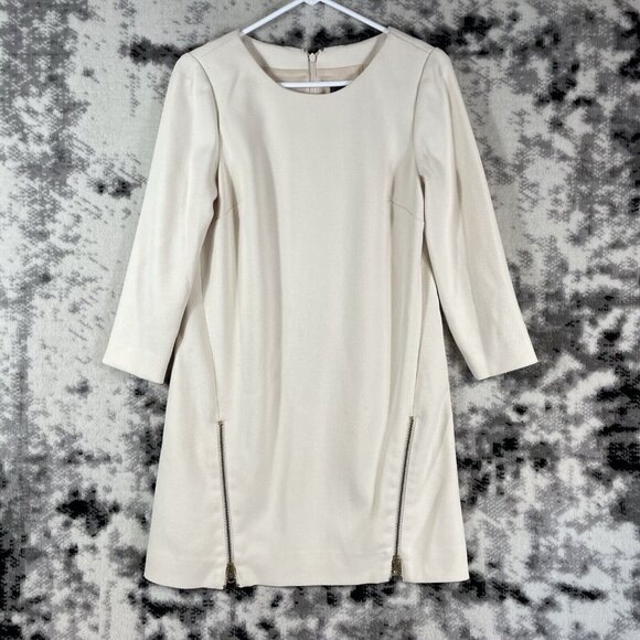 J Crew Dress Womens Size 4 Ivory Double Front‎ Zipper Long Sleeve Poly Viscose - Picture 1 of 10
